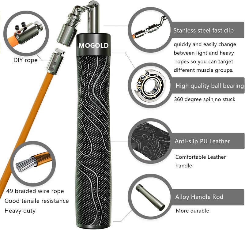 MOGOLD Weighted Jump Rope for Men Women -Interchangeable 1/5lb 1/4lb 1/2lb Heavy jump ropes - 360 Degree Spin - Length Adjustable,Ergonomics Leather Grip Skipping Rope for Fitness Weight Loss & More - Image 2